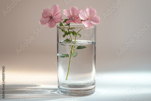 vase en verre transparent avec une forme cylindrique fine, design minimaliste, fleurs, décoration, objet 3D réaliste, HDR, photographie immobilière, décoration, tendance photo