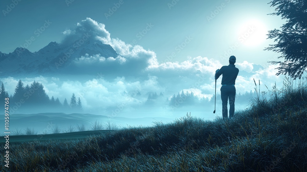 Serene Golfer in Misty Landscape at Dawn with Majestic Mountains Serene Golfer in Misty Landscape at Dawn with Majestic Mountains