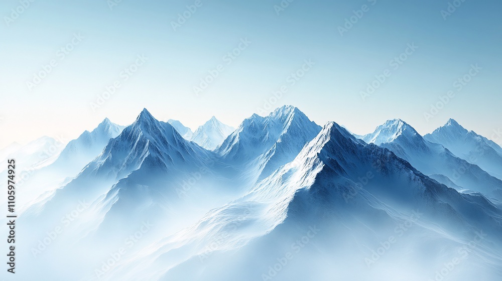 Obraz premium Majestic snow-capped mountains shrouded in mist under a clear sky.