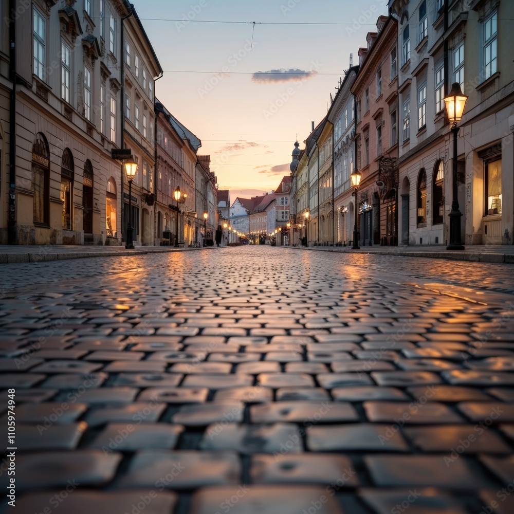 Fototapeta premium Charming cobblestone street at sunset.