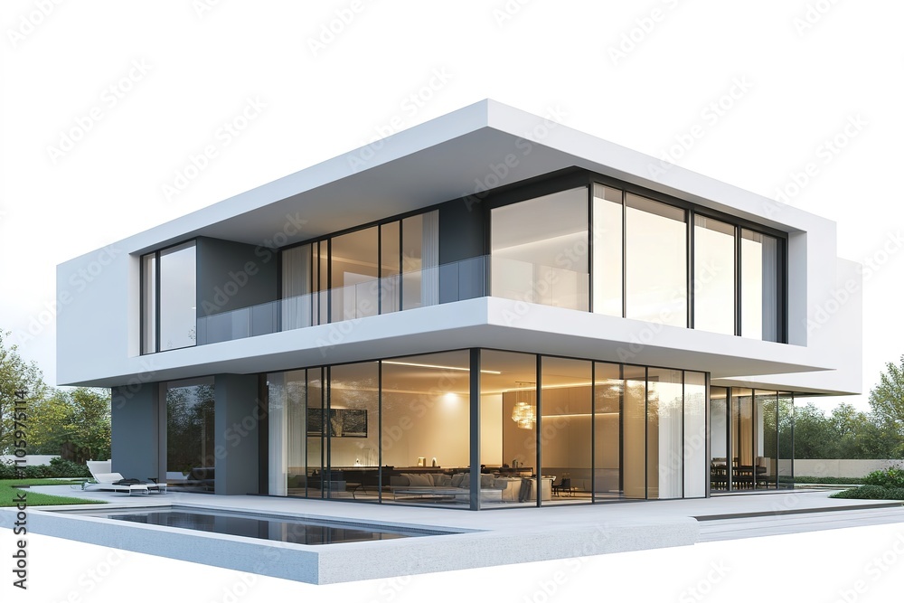 Modern house with large windows and pool at dusk Modern house with large windows and pool at dusk