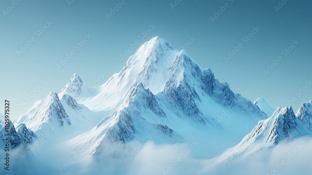 Obraz premium Majestic snow-capped mountain peak rising above a sea of clouds under a clear sky.