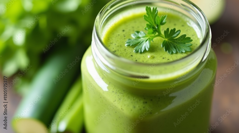 Close-up of a fresh green smoothie made from cucumber, celery, and apple, served in a mason jar with a sprig of parsley for garnish, smooth texture Close-up of a fresh green smoothie made from cucumber, celery, and apple, served in a mason jar with a sprig of parsley for garnish, smooth texture