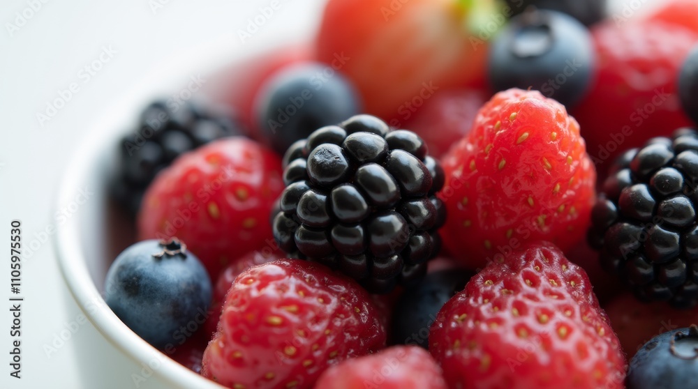 Close-up of a mixed berry blend, including blackberries, strawberries, and blueberries, arranged in a bowl, soft natural light emphasizing the texture and vibrant colors, minimalistic white background Close-up of a mixed berry blend, including blackberries, strawberries, and blueberries, arranged in a bowl, soft natural light emphasizing the texture and vibrant colors, minimalistic white background
