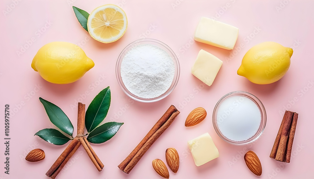 Baking ingredients lemons, butter, sugar, flour, cinnamon, and almonds arranged on a pink background. Flat lay photography. Baking ingredients lemons, butter, sugar, flour, cinnamon, and almonds arranged on a pink background. Flat lay photography.