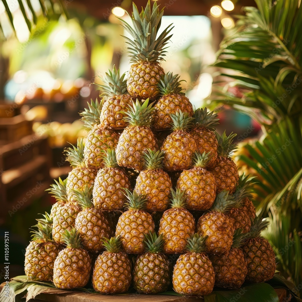 A Vibrant Display of Fresh Pineapples Stacked in a Beautiful Pyramid Shape at a Tropical Market Surrounded by Lush Greenery and Soft Natural Lighting A Vibrant Display of Fresh Pineapples Stacked in a Beautiful Pyramid Shape at a Tropical Market Surrounded by Lush Greenery and Soft Natural Lighting