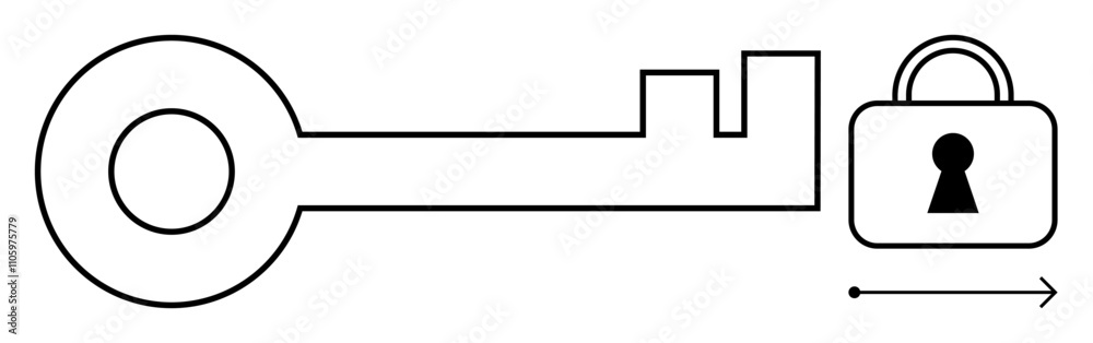 Minimalist black key next to a lock with keyhole, connected by an arrow. Ideal for security, access, privacy, encryption, safety, unlocking and digital solutions. Line metaphor Minimalist black key next to a lock with keyhole, connected by an arrow. Ideal for security, access, privacy, encryption, safety, unlocking and digital solutions. Line metaphor