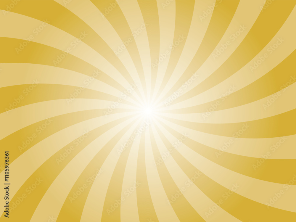 Fototapeta premium Metallic gold yellow sunburst background. Radial retro glowing rays banner. Abstract retro whirlwind starburst vector abstract background. Twisted radial illustration.