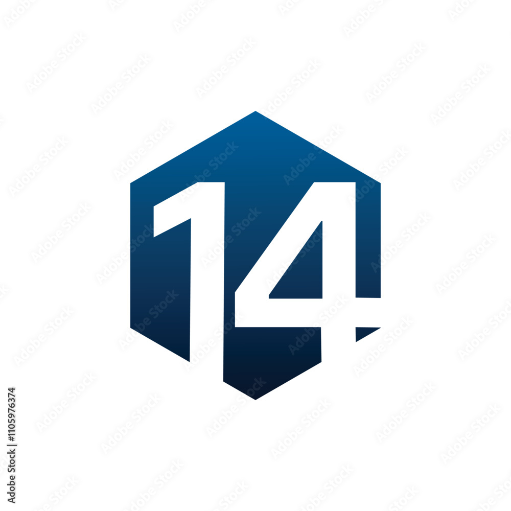 Number fourteen vector logo symbol in the dark blue hexagonal on white background. Vector template for your design Number fourteen vector logo symbol in the dark blue hexagonal on white background. Vector template for your design