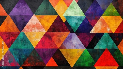 Abstract geometric wall art featuring interlocking triangles in bold colors, celebrating the new year.