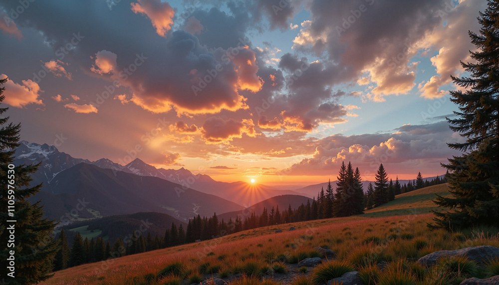 Stunning sunset over mountain range with grassy hillside and vibrant clouds Stunning sunset over mountain range with grassy hillside and vibrant clouds