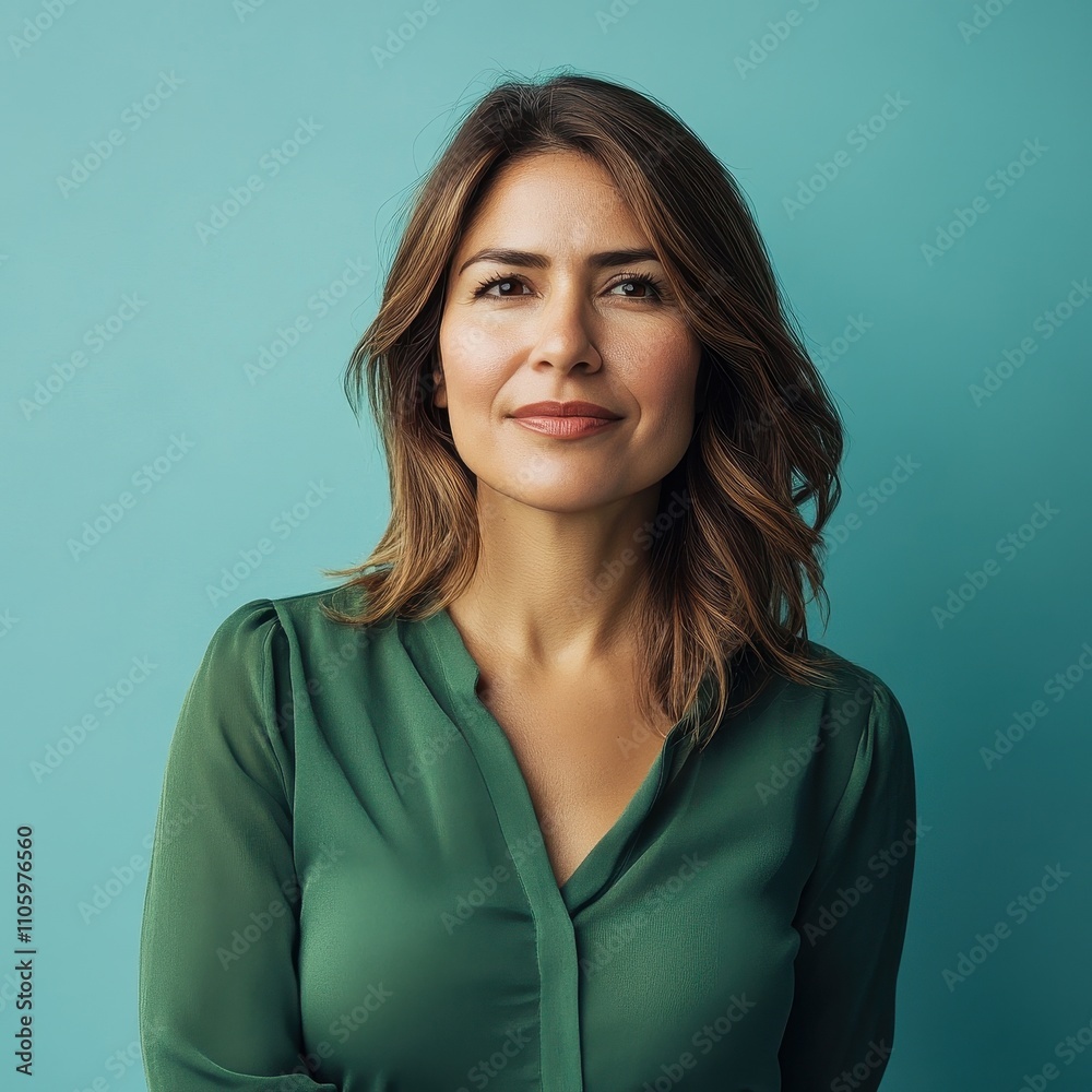 Fototapeta premium Confident woman in green shirt posing against a teal background
