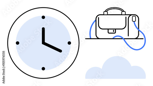 Clock illustrating time, briefcase signifying business and professional work, and cloud symbolizing connectivity and storage. Ideal for time management, business planning, efficiency, digital