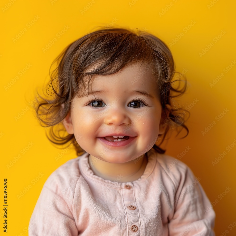 Adorable Hispanic baby girl with a joyful smile against a yellow background Adorable Hispanic baby girl with a joyful smile against a yellow background