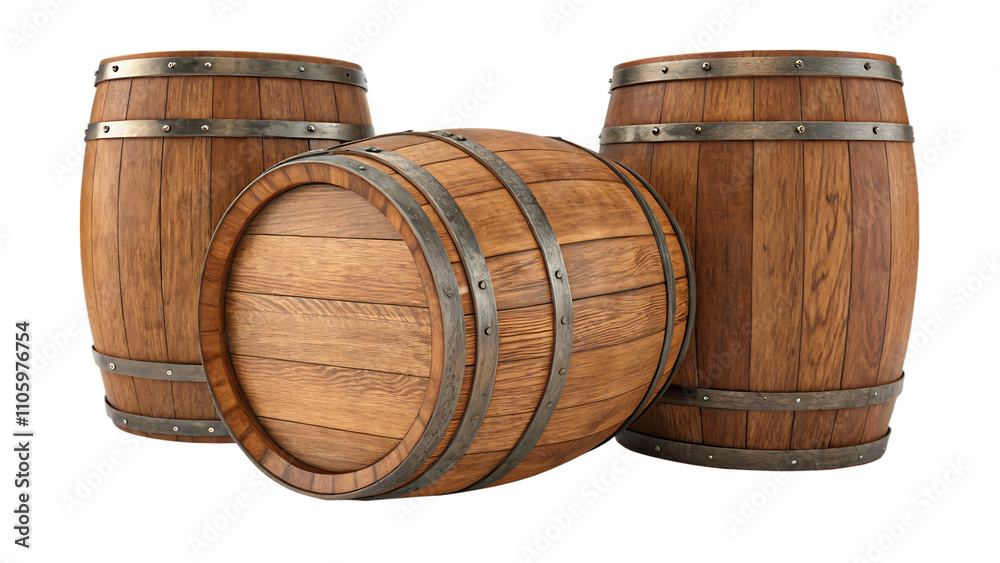 Fototapeta premium Set of wooden oak barrels isolated on white background.AI GENERATED