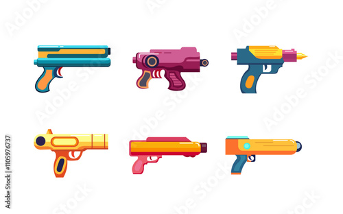 Modern futuristic gun concept vector illustration, laser blaster gun vector set, cartoon firearm weapon clipart, toy gun vector