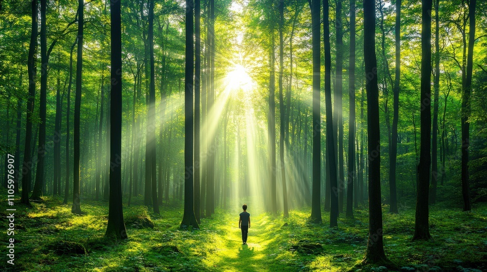 Forest therapy concept, individual walking among tall trees, soft sunlight filtering through leaves, focus on restorative effects of nature on mental health Forest therapy concept, individual walking among tall trees, soft sunlight filtering through leaves, focus on restorative effects of nature on mental health