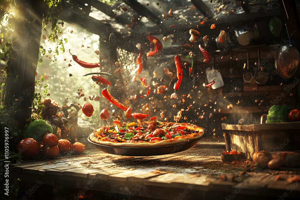 Delicious pizza with fresh ingredients flying in mid-air, rustic kitchen setting. Sunbeams illuminate the scene. Delicious pizza with fresh ingredients flying in mid-air, rustic kitchen setting. Sunbeams illuminate the scene.