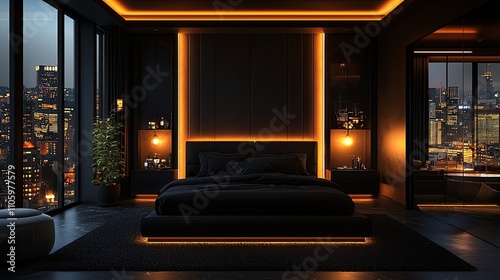 Fototapeta Naklejka Na Ścianę i Meble -  Modern style luxury black master bedroom with city view in the night 3d render, There are black terrazzo floor decorated wall with hidden light, furnished with black fabric bed