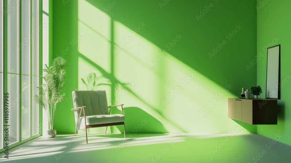 A serene minimalist setup with clean lines, framed by a bold green screen for adaptability A serene minimalist setup with clean lines, framed by a bold green screen for adaptability
