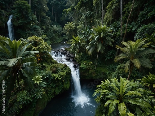 Drone shot flying through a rainforest with a waterfall and lush plants.