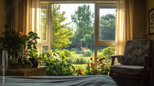 Hospital room with a large window view of a garden, natural light filling the room, studying how access to nature speeds up healing and reduces patient stress