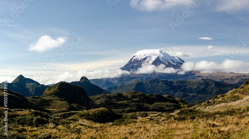 Cotopaxi Volcano with lush green hills.