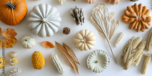 Autumn Harvest Flat Lay with Pumpkins, Corn, and Leaves on White Background photo