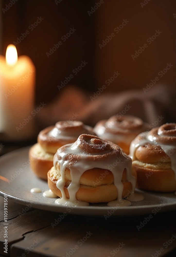 Cinnamon rolls with icing in a cozy setting with candlelight Cinnamon rolls with icing in a cozy setting with candlelight