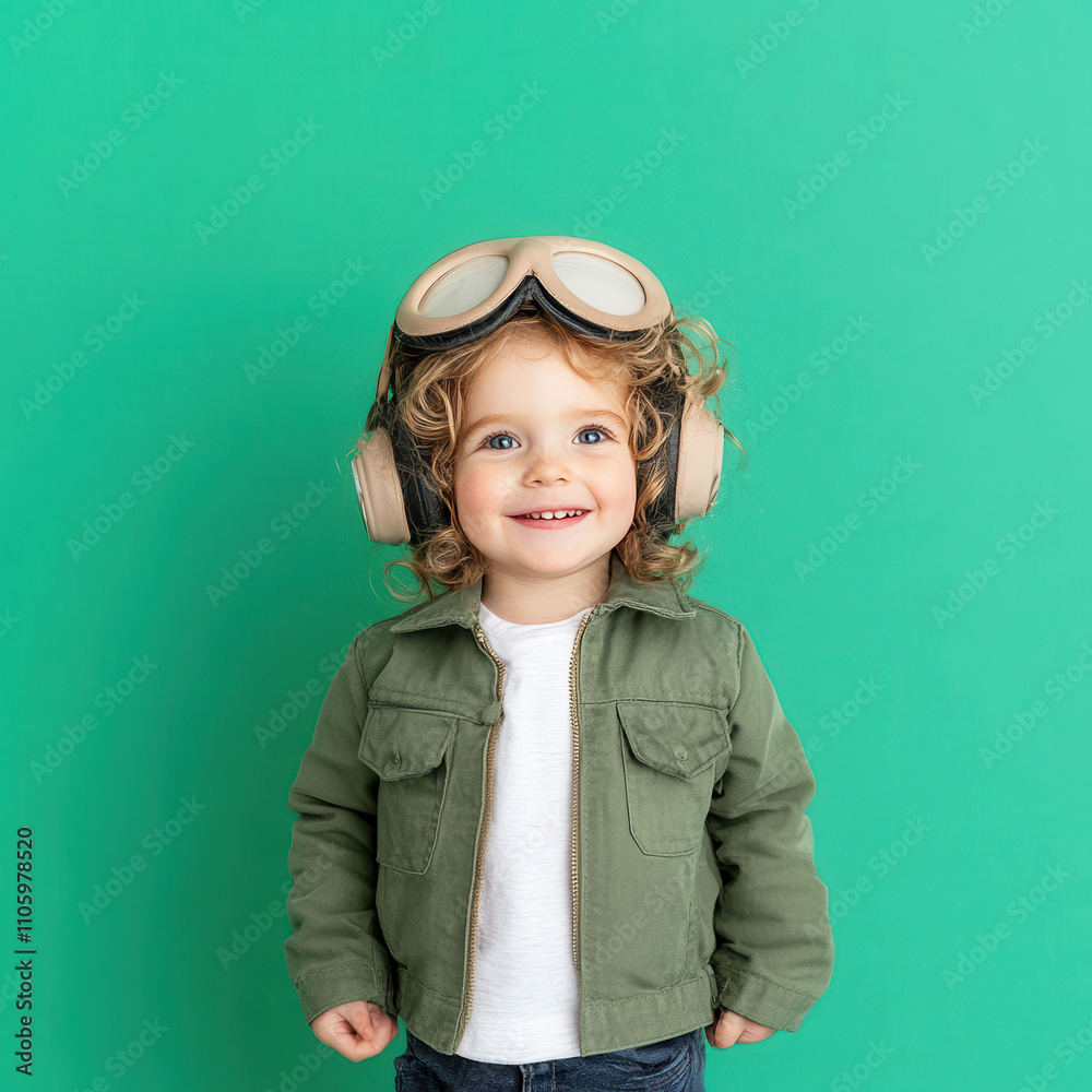 Adorable child dressed as pilot with aviator goggles and jacket, standing against a green background, showcasing imagination and playful dreams of flying adventures Adorable child dressed as pilot with aviator goggles and jacket, standing against a green background, showcasing imagination and playful dreams of flying adventures