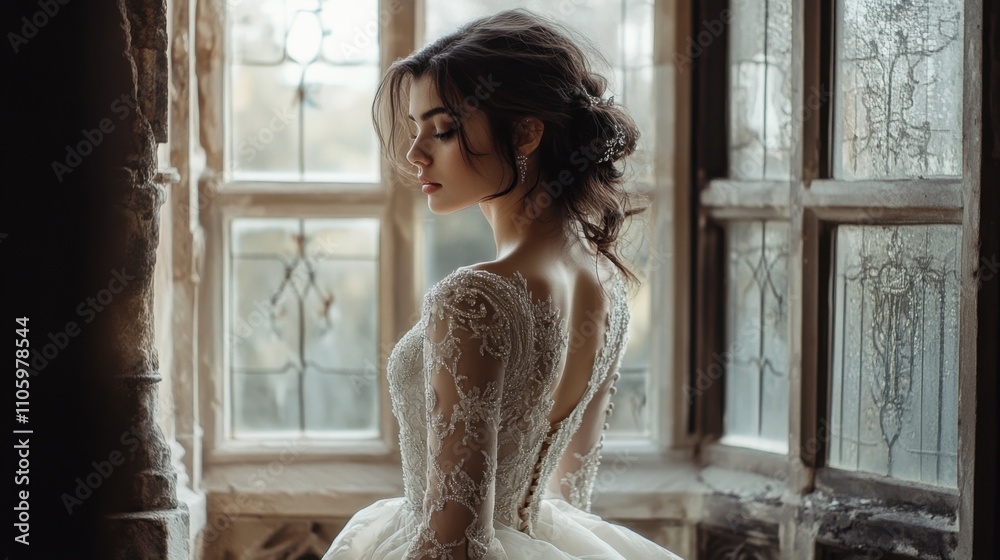 Fototapeta premium Elegant Bride Poses by Window in Antique Lace Wedding Gown