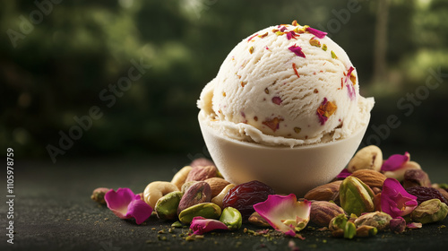 Close-up of a large scoop of vanilla ice cream with chopped pistachios and flower petals. Copy space. photo