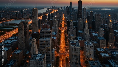 Wallpaper Mural Drone view of Chicago skyline with busy traffic. Torontodigital.ca