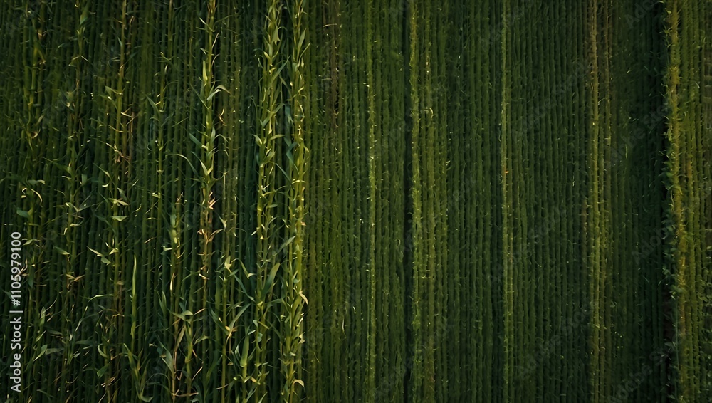 Drone view of green cornfield lines. Drone view of green cornfield lines.