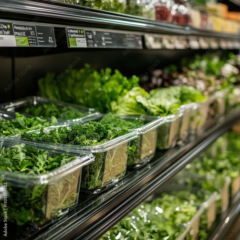 Fresh and Vibrant Green Vegetables Displayed in Clear Containers on a Supermarket Shelf, Highlighting Healthy Eating and Nutritional Choices for Buyers Fresh and Vibrant Green Vegetables Displayed in Clear Containers on a Supermarket Shelf, Highlighting Healthy Eating and Nutritional Choices for Buyers