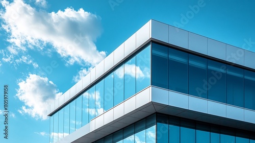 Modern building corner reflecting sky.