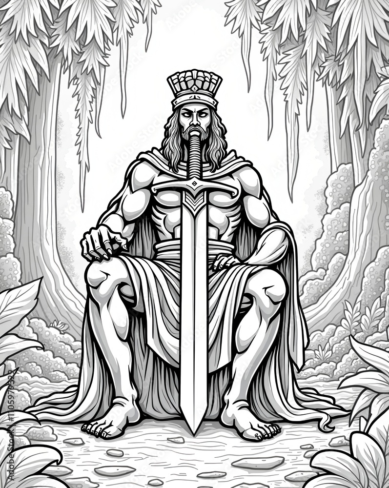 Fototapeta premium Mighty King with Sword in Mystical Forest