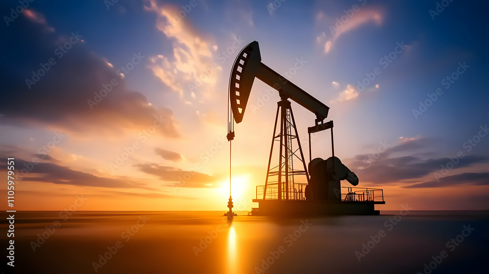 Working Pumpjacks On Sunrise. Silhouette of oil pump jack on rig. Oil drilling company growth Working Pumpjacks On Sunrise. Silhouette of oil pump jack on rig. Oil drilling company growth
