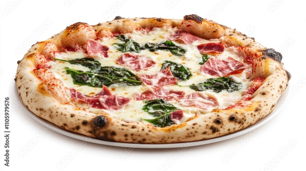 A delicious pizza topped with spinach and ham on a rustic crust. A delicious pizza topped with spinach and ham on a rustic crust.