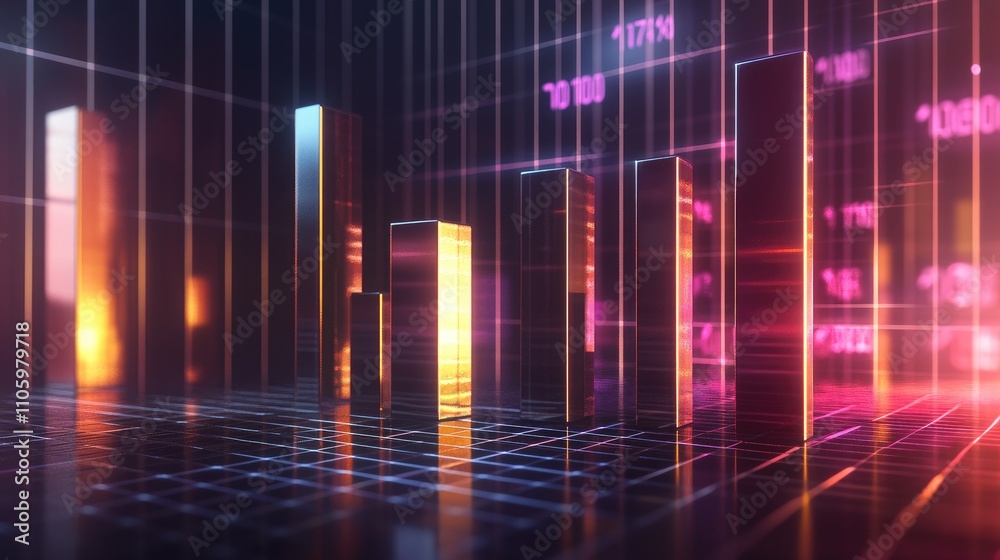 A 3D bar chart with metallic, glowing bars of varying heights, representing financial performance, displayed on a modern grid surface with floating numbers. A 3D bar chart with metallic, glowing bars of varying heights, representing financial performance, displayed on a modern grid surface with floating numbers.