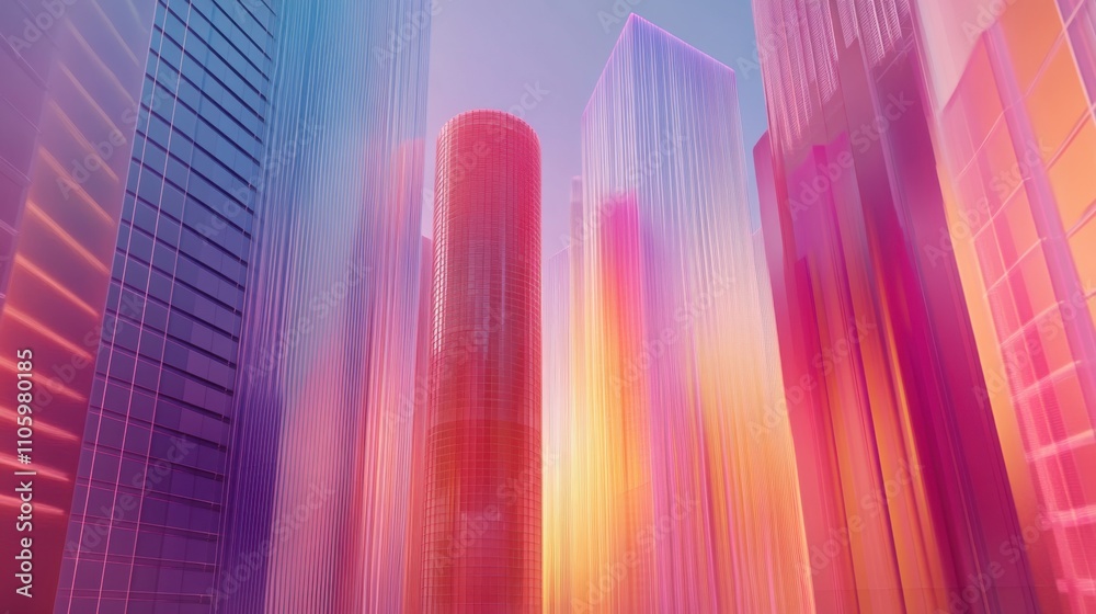 Futuristic Cityscape Pink, Purple, Orange Glass Towers Futuristic Cityscape Pink, Purple, Orange Glass Towers