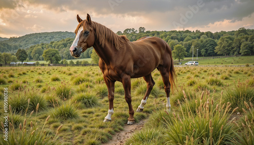 Elegant chestnut horse standing in golden field during sunset with lush green background