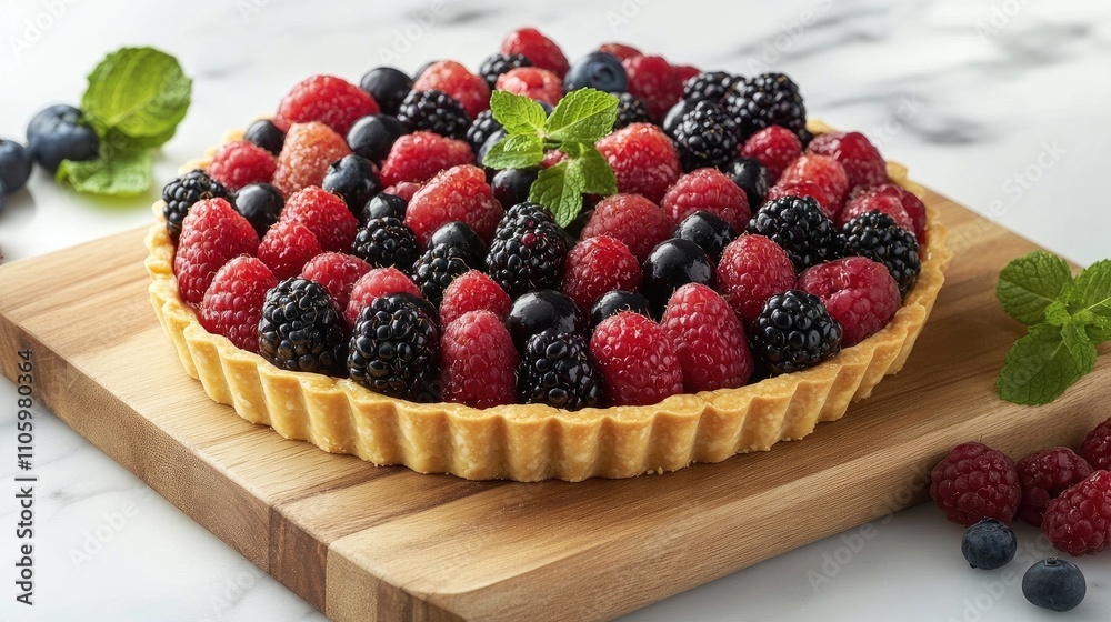 A beautiful arrangement of mixed berries on a wooden cutting board, with a few scattered mint leaves, ready to be used in a fresh fruit tart, emphasizing the colors and textures of the ingredients. A beautiful arrangement of mixed berries on a wooden cutting board, with a few scattered mint leaves, ready to be used in a fresh fruit tart, emphasizing the colors and textures of the ingredients.