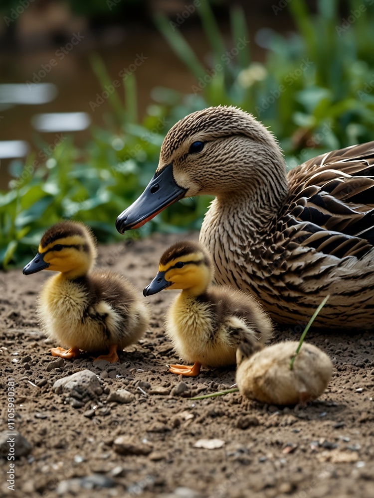 Duck family with newborn ducklings. Duck family with newborn ducklings.