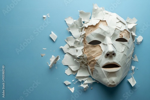 Cracked Paper Mask Emerging from Torn Surface on Light Blue Background - Symbolizing Identity, Transformation, and Creativity in Contemporary Art