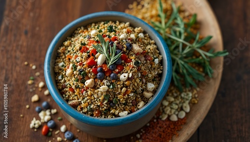 Dukkah dip mix with herbs and spices. photo