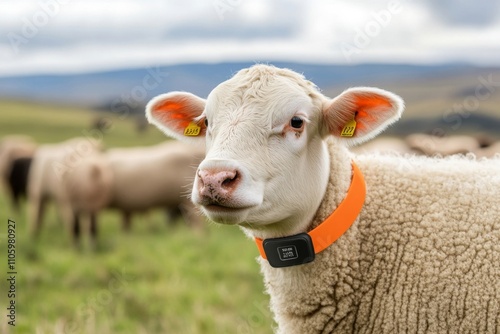Smart Farming: Young Cow Wearing GPS Collar in Pasture