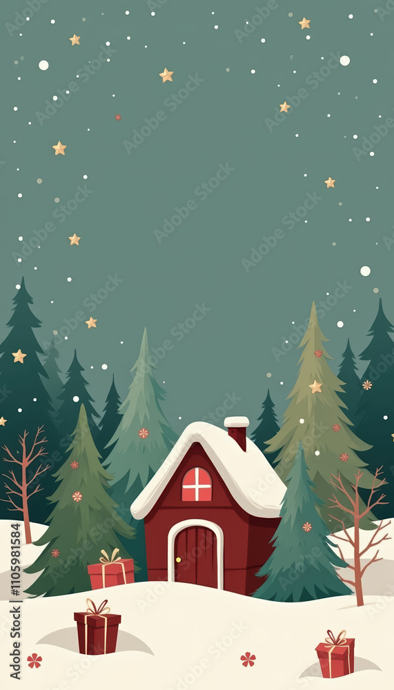 Naklejka premium Warm Christmas card featuring a cozy cabin nestled in a snowy landscape adorned with festive decorations and gifts.