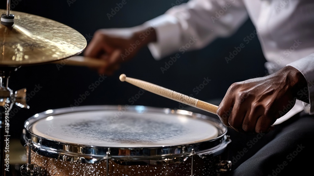 A close-up captures the hands of a drummer skillfully striking the drum illustrating the intensity and passion of live musical expression A close-up captures the hands of a drummer skillfully striking the drum illustrating the intensity and passion of live musical expression