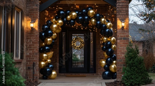 Balloon archway black and gold balloons at the front porch, complemented by hanging lights for a warm New Yeara??s welcome photo